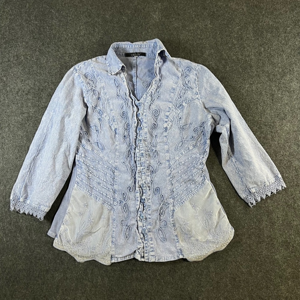 Giocam Womens Blue Cotton Embroidered Lace Trim Button Up Top Large Boho‎ Whimsy